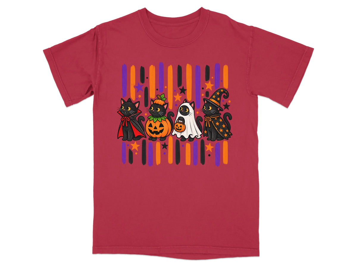 Four cartoon cats in Halloween costumes: vampire, pumpkin, ghost, and witch.