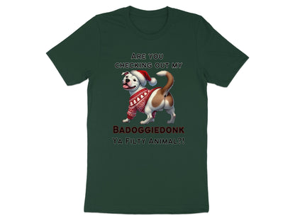 Dog in Santa hat and sweater with text "BADOGGIEDONK YA FILTY ANIMAL?!"