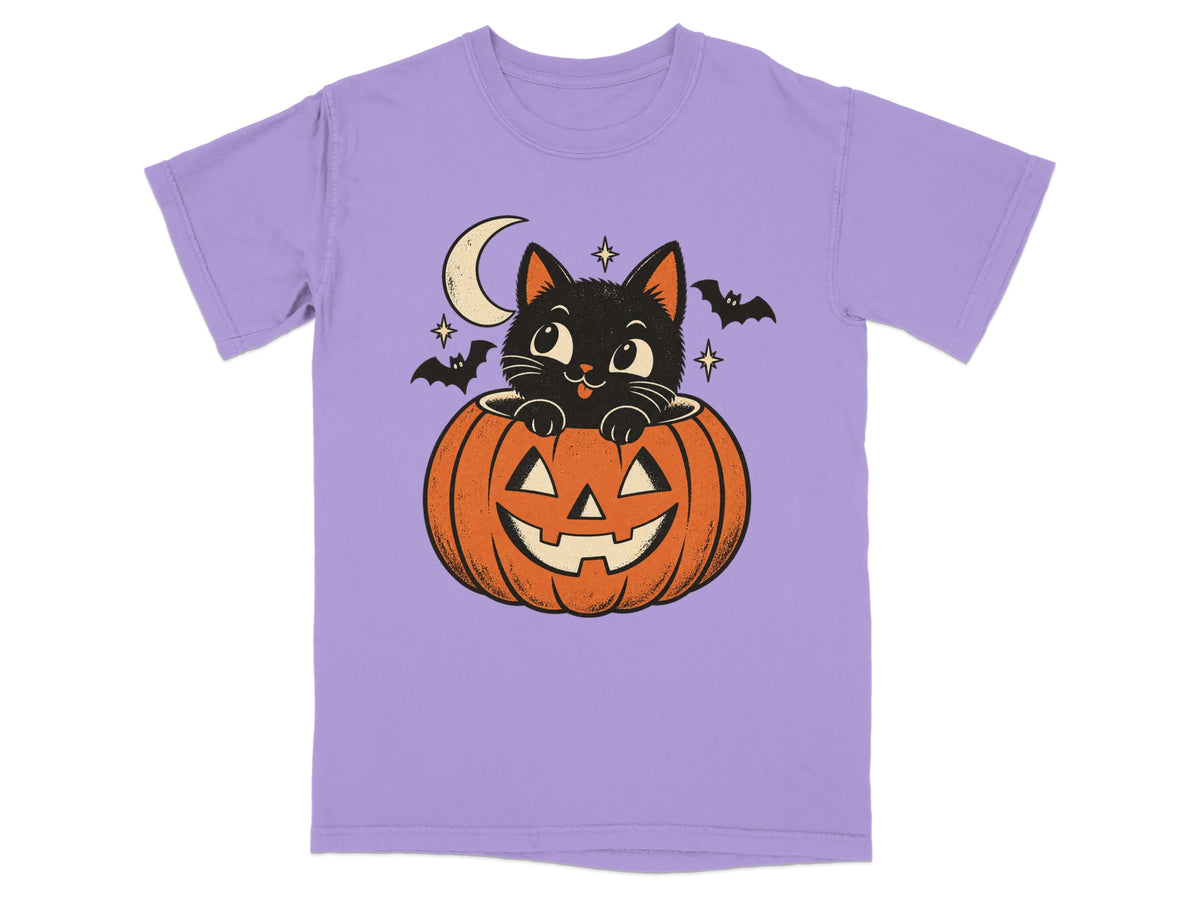 Black cat peeking out of jack-o'-lantern with moon and bats.
