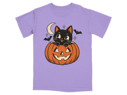 Black cat peeking out of jack-o'-lantern with moon and bats.
