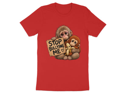Red t-shirt with illustration of sad monkeys holding a "Stop Bullying Me" sign.