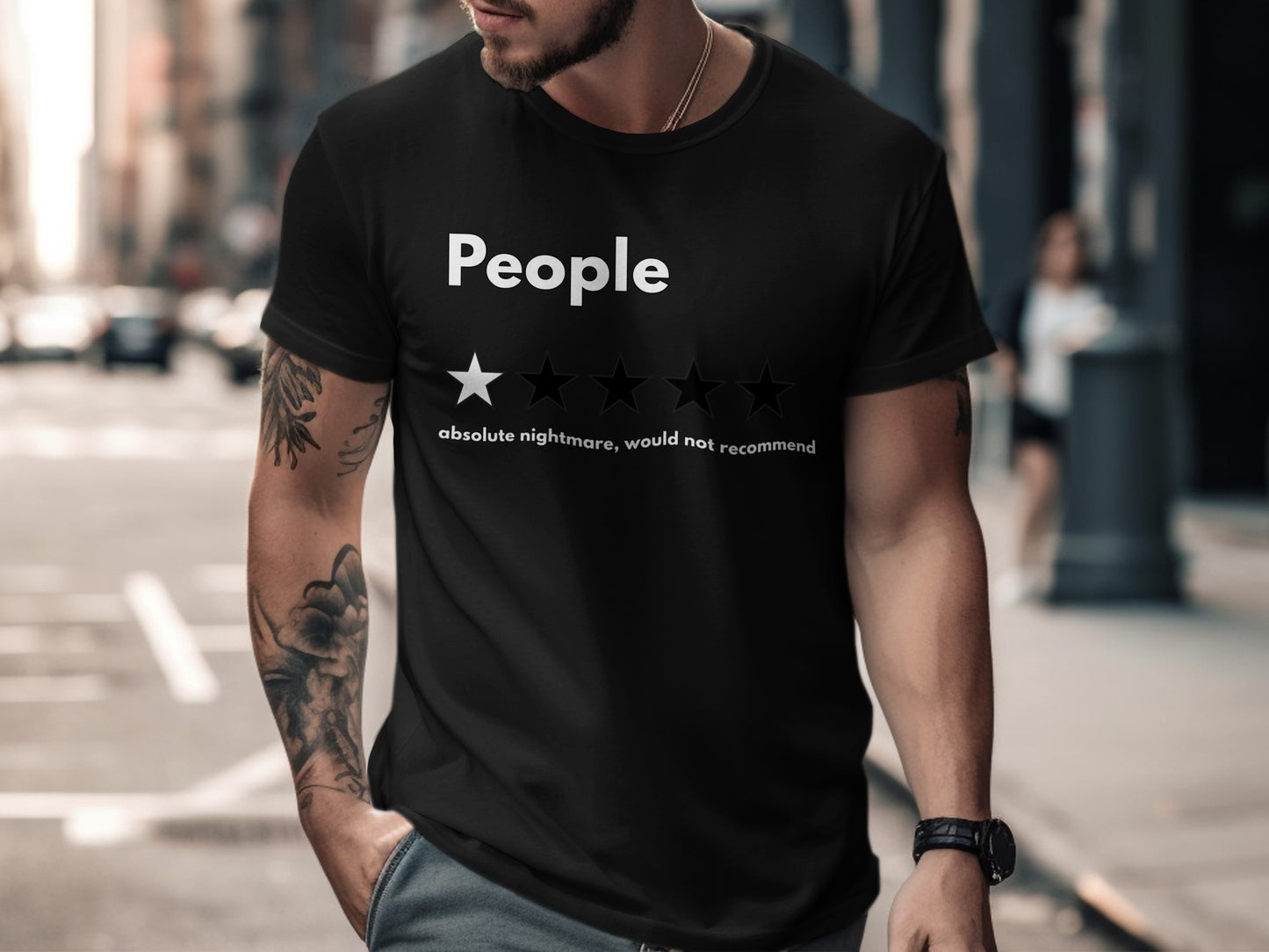 Black t-shirt with "People" and a one-star rating: "absolute nightmare, would not recommend"