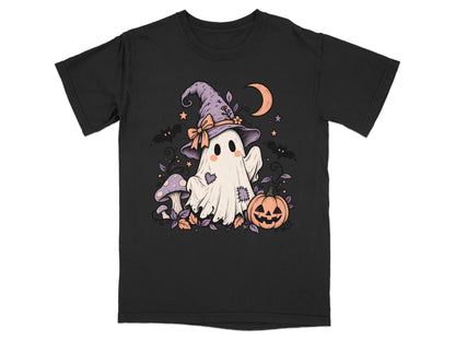 Ghost in witch hat with mushrooms, pumpkin, bats, and moon.