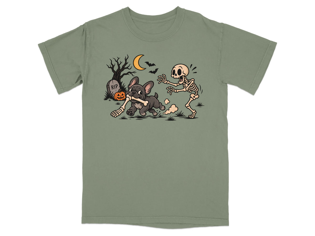 French Bulldog running with a bone, chased by a skeleton under a crescent moon.
