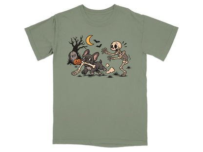French Bulldog running with a bone, chased by a skeleton under a crescent moon.