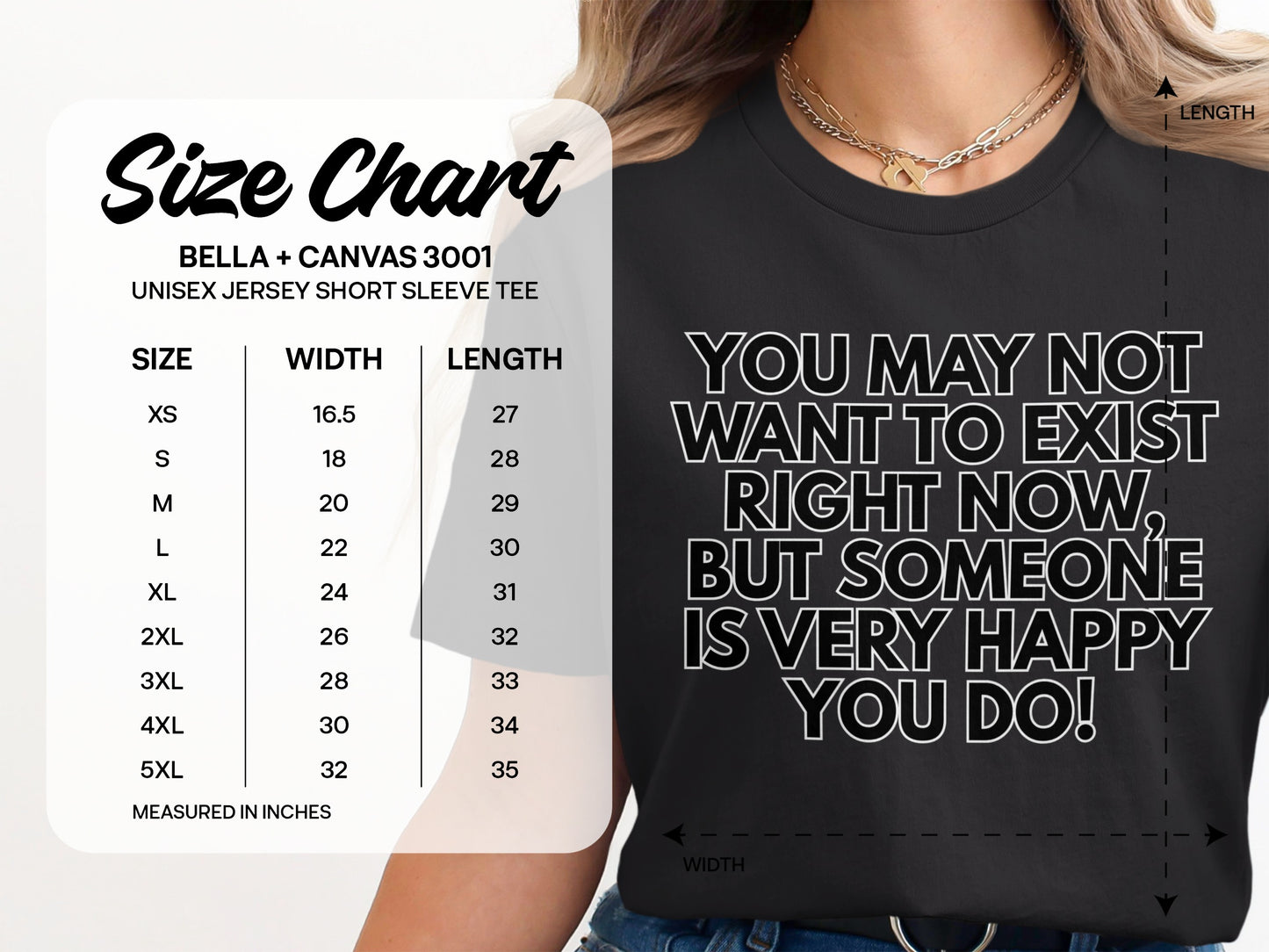 Size chart for Bella+Canvas 3001 unisex short sleeve tee with shirt graphic.