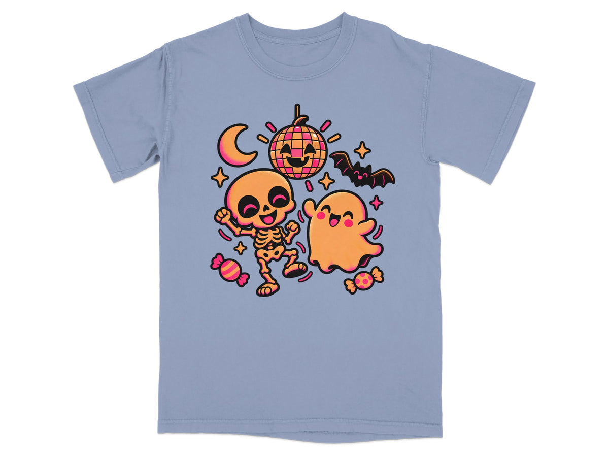 Skeleton and ghost dancing with disco ball, moon, bat, and candy.