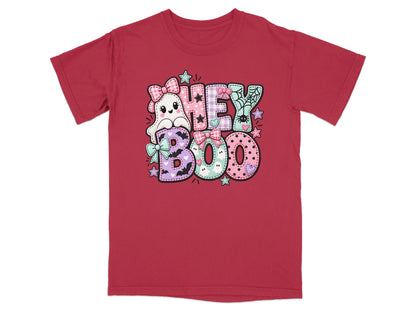 Red t-shirt with "Hey Boo" Halloween graphic featuring a ghost and colorful lettering.