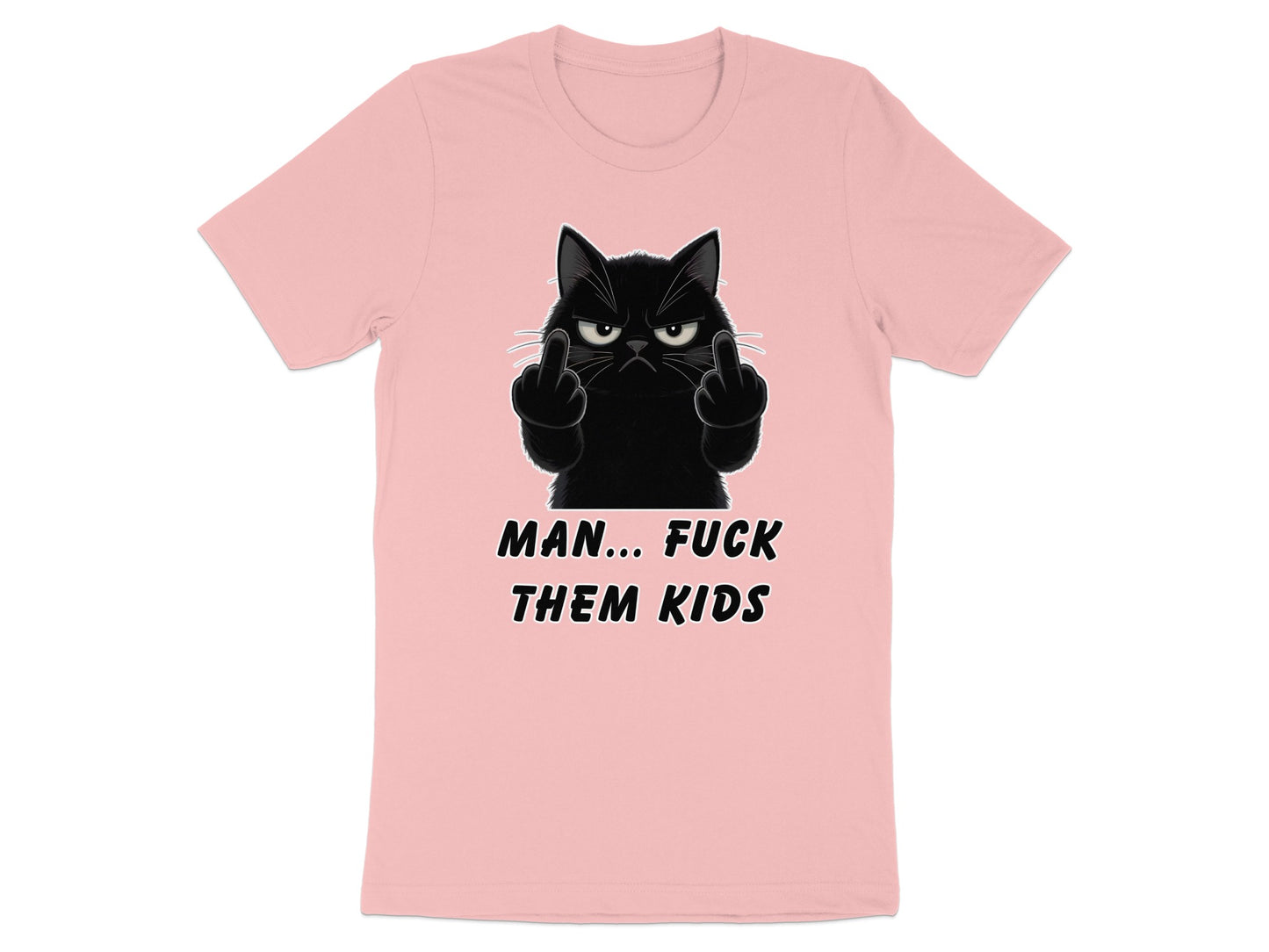 Pink t-shirt with a graphic of an angry black cat giving the middle finger and text.