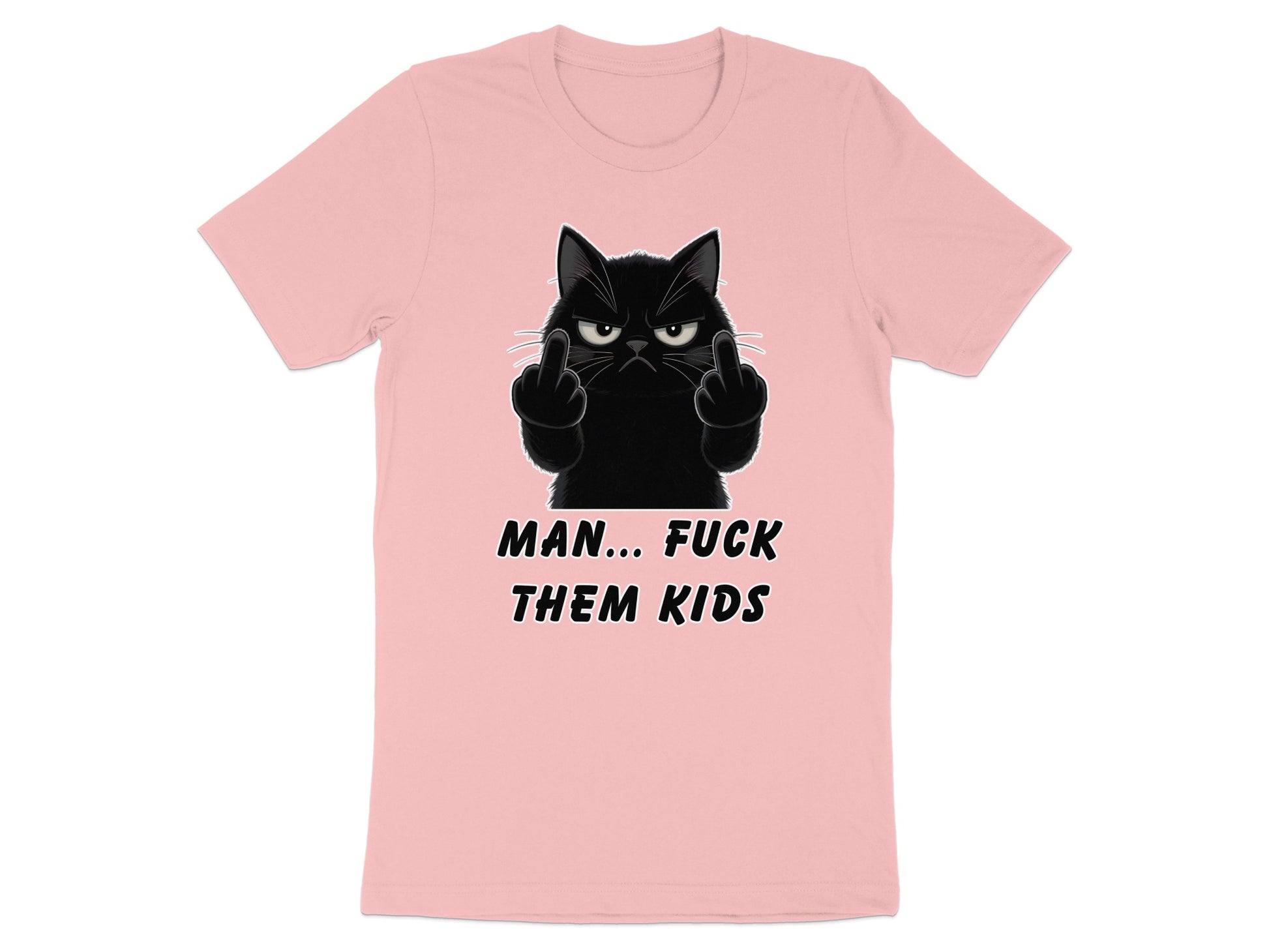 Pink t-shirt with a graphic of an angry black cat giving the middle finger and text.
