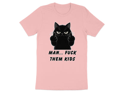 Pink t-shirt with a graphic of an angry black cat giving the middle finger and text.