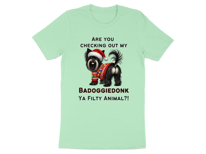 Black dog in Santa hat and sweater with text "BADOGGIEDONK YA FILTY ANIMAL?!"
