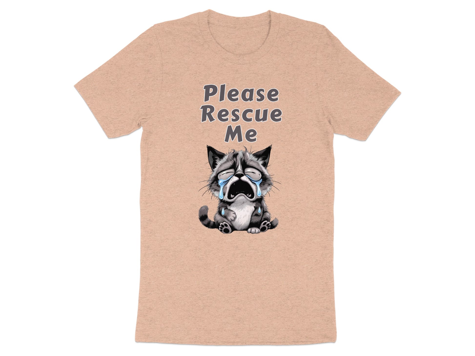 T-shirt with "Please Rescue Me" text and crying kitten graphic.