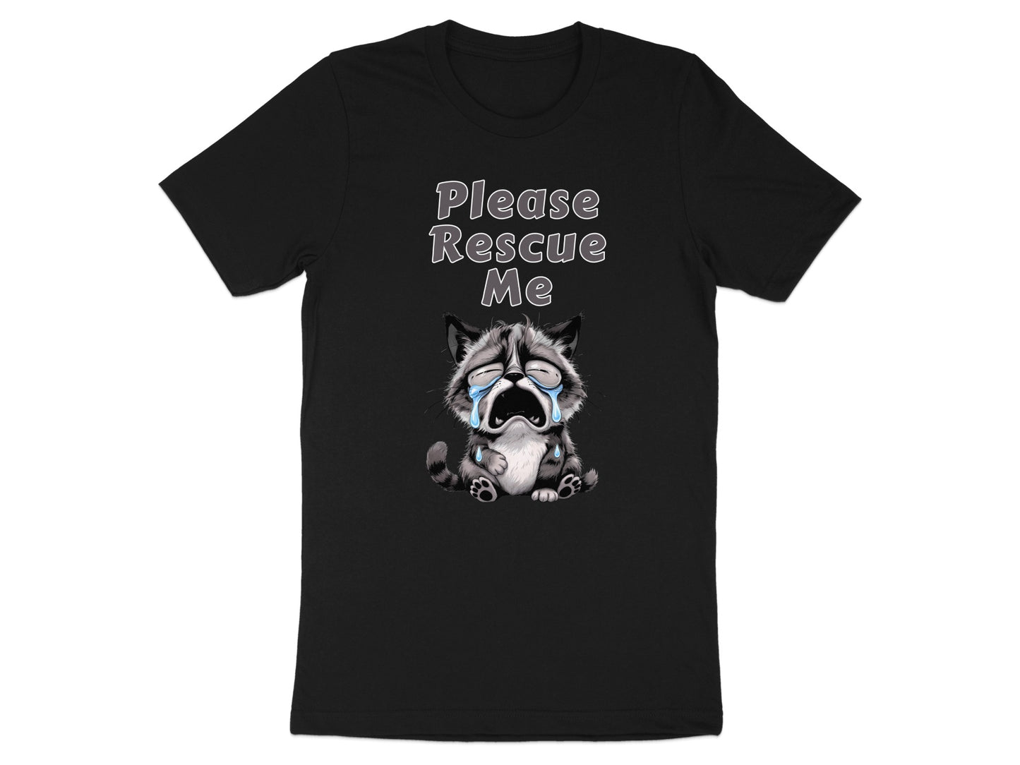Black t-shirt with cartoon raccoon crying, saying "Please Rescue Me".