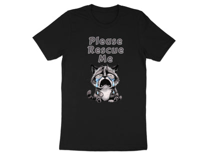 Black t-shirt with cartoon raccoon crying, saying "Please Rescue Me".