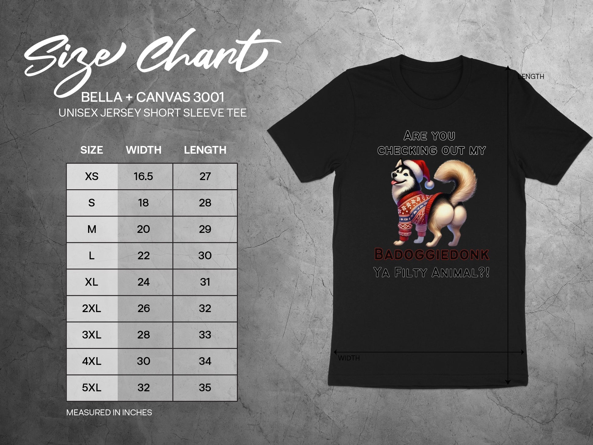 T-shirt with a size chart and a husky dog wearing a Santa hat and a sweater.