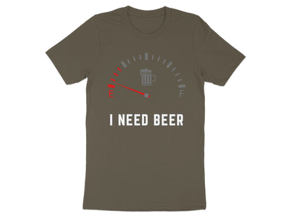 Brown t-shirt with a beer fuel gauge graphic and "I NEED BEER" text.
