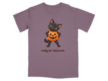 Black cat wearing a pumpkin costume with "ready for halloween" text.