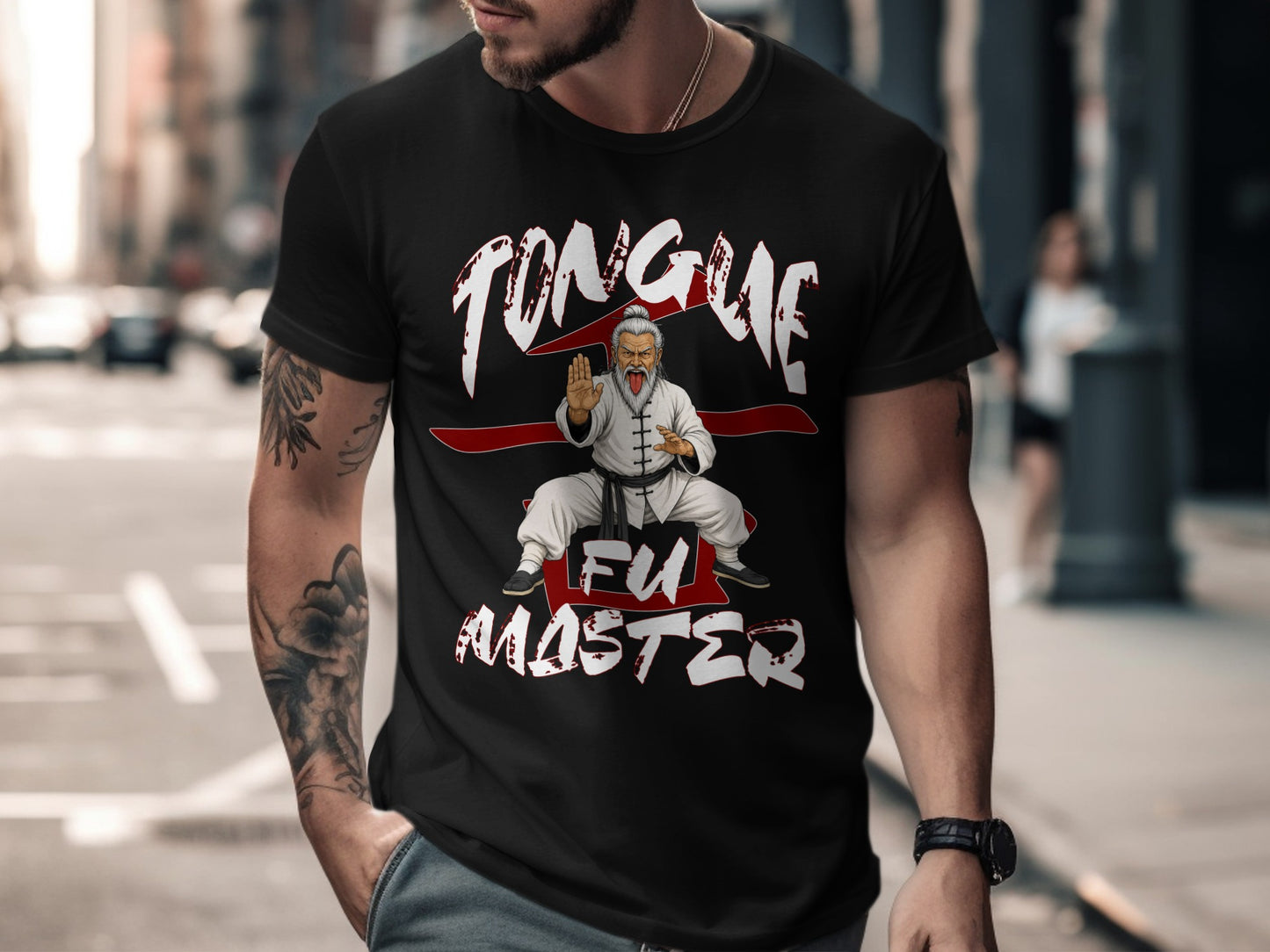 Black t-shirt with "TONGUE FU MASTER" graphic of an old man in martial arts pose.