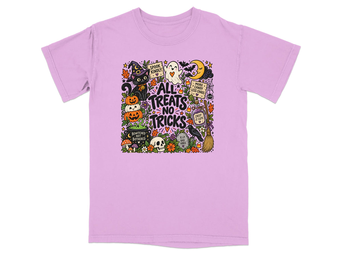 Purple t-shirt with Halloween illustration: "All Treats No Tricks," black cat, ghost, pumpkins, skull, and moon.