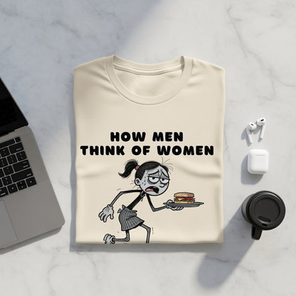 Cream t-shirt with "HOW MEN THINK OF WOMEN" text and cartoon character holding a sandwich.