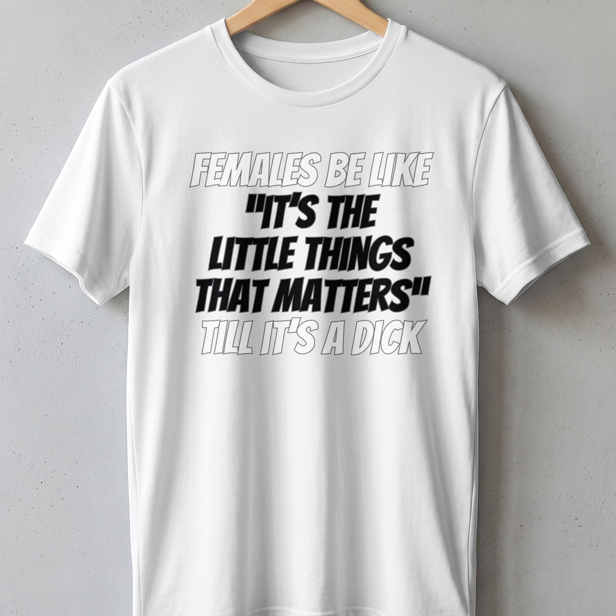 White t-shirt with black text "Females be like 'It's the little things that matters' till it's a dick".