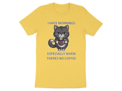 Yellow t-shirt with grumpy cat holding coffee and text "I HATE MORNINGS ESPECIALLY WHEN THERES NO COFFEE".