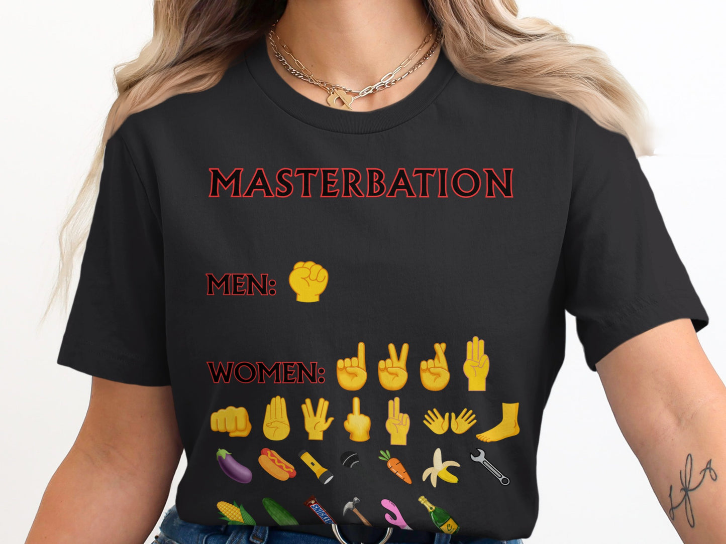 Black t-shirt with red text "MASTERBATION MEN: [fist emoji] WOMEN: [various hand and emoji icons] followed by object emojis.