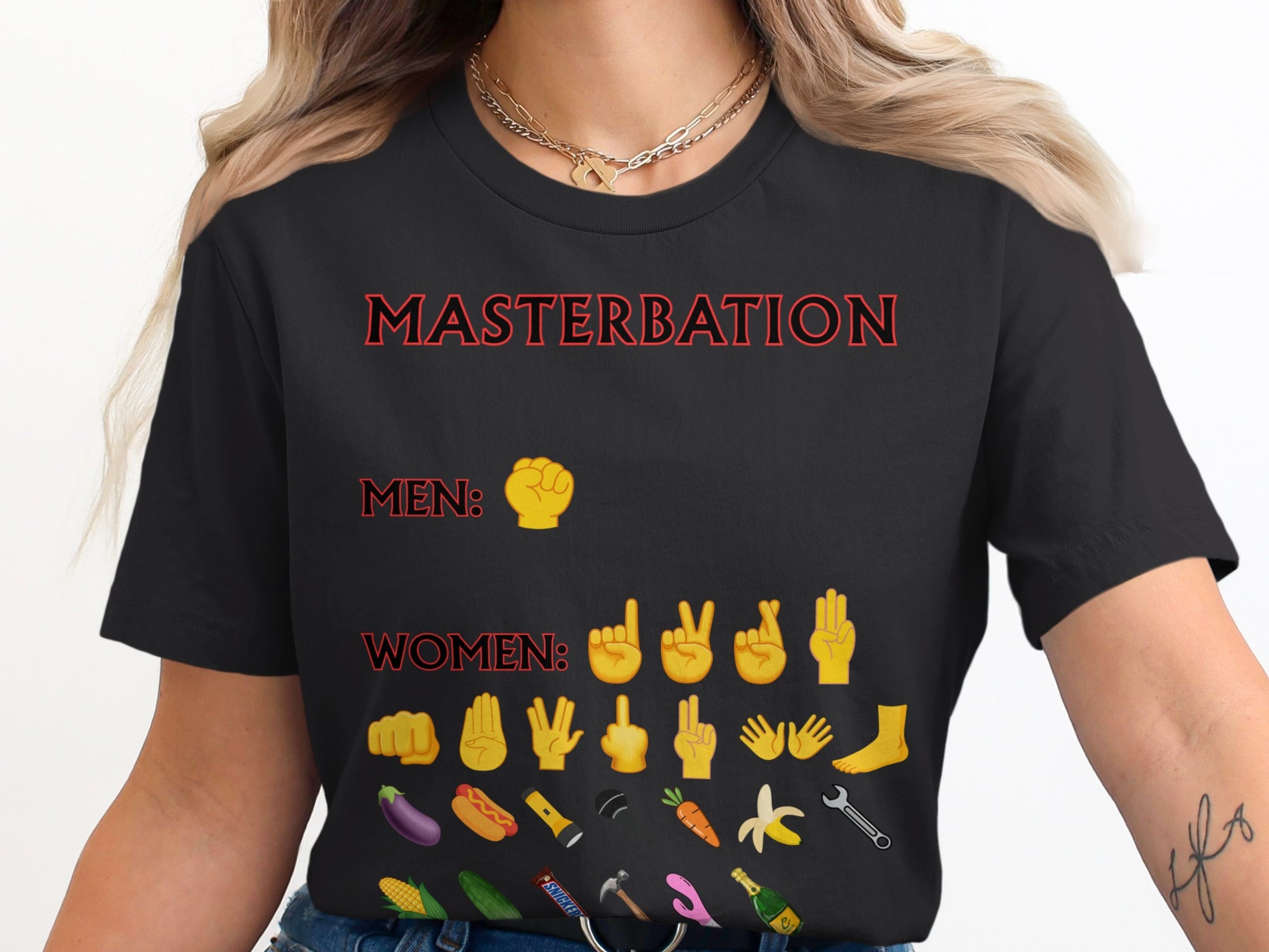 Black t-shirt with red text "MASTERBATION MEN: [fist emoji] WOMEN: [various hand and emoji icons] followed by object emojis.