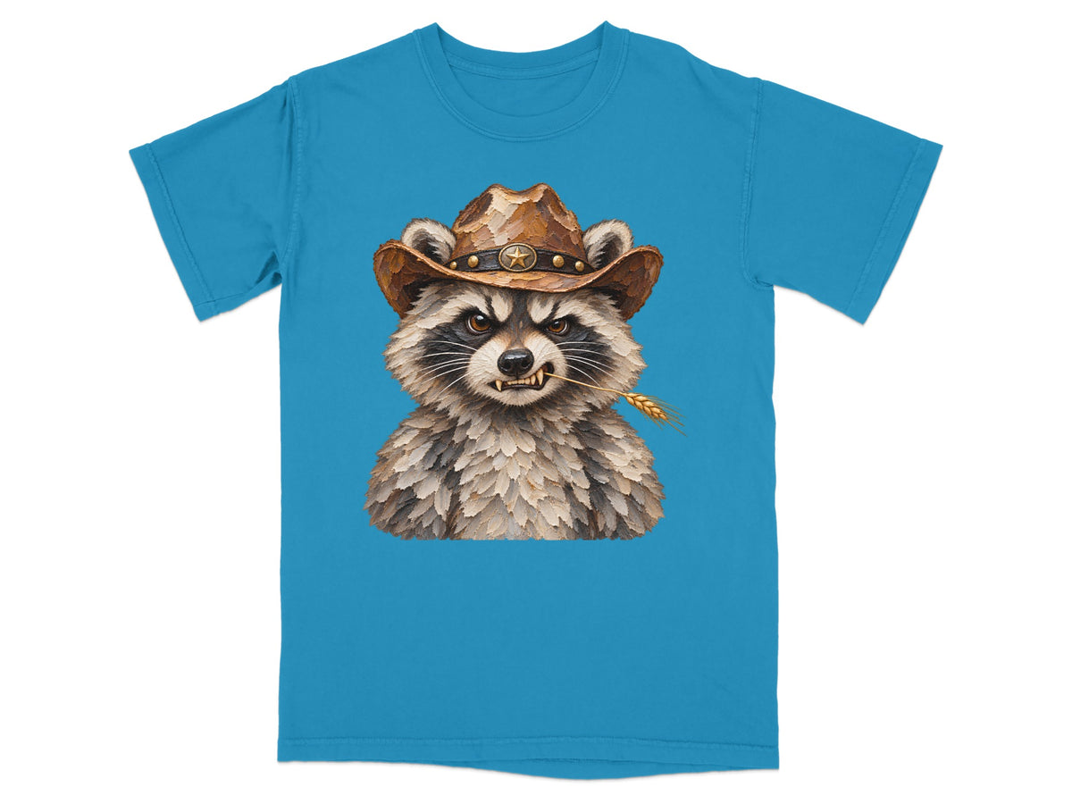 Turquoise t-shirt with a watercolor painting of a raccoon wearing a cowboy hat and chewing wheat.
