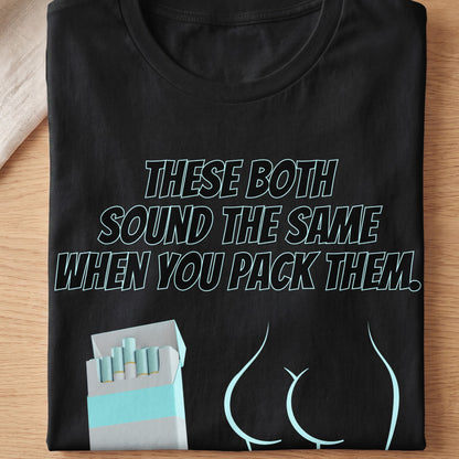 Black t-shirt with light blue text and graphic of cigarette pack and curves.