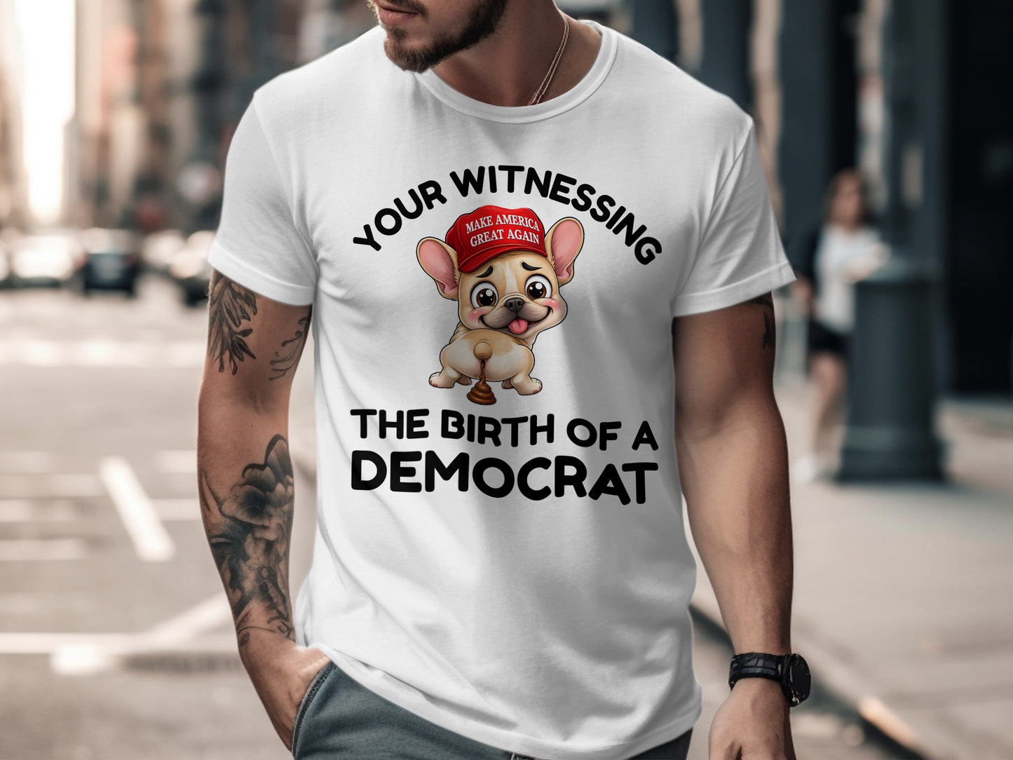 White t-shirt with cartoon dog, red hat saying "Make America Great Again," and text.