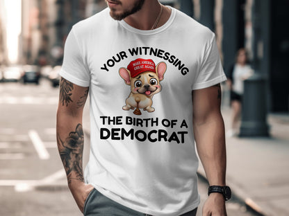 White t-shirt with cartoon dog, red hat saying "Make America Great Again," and text.