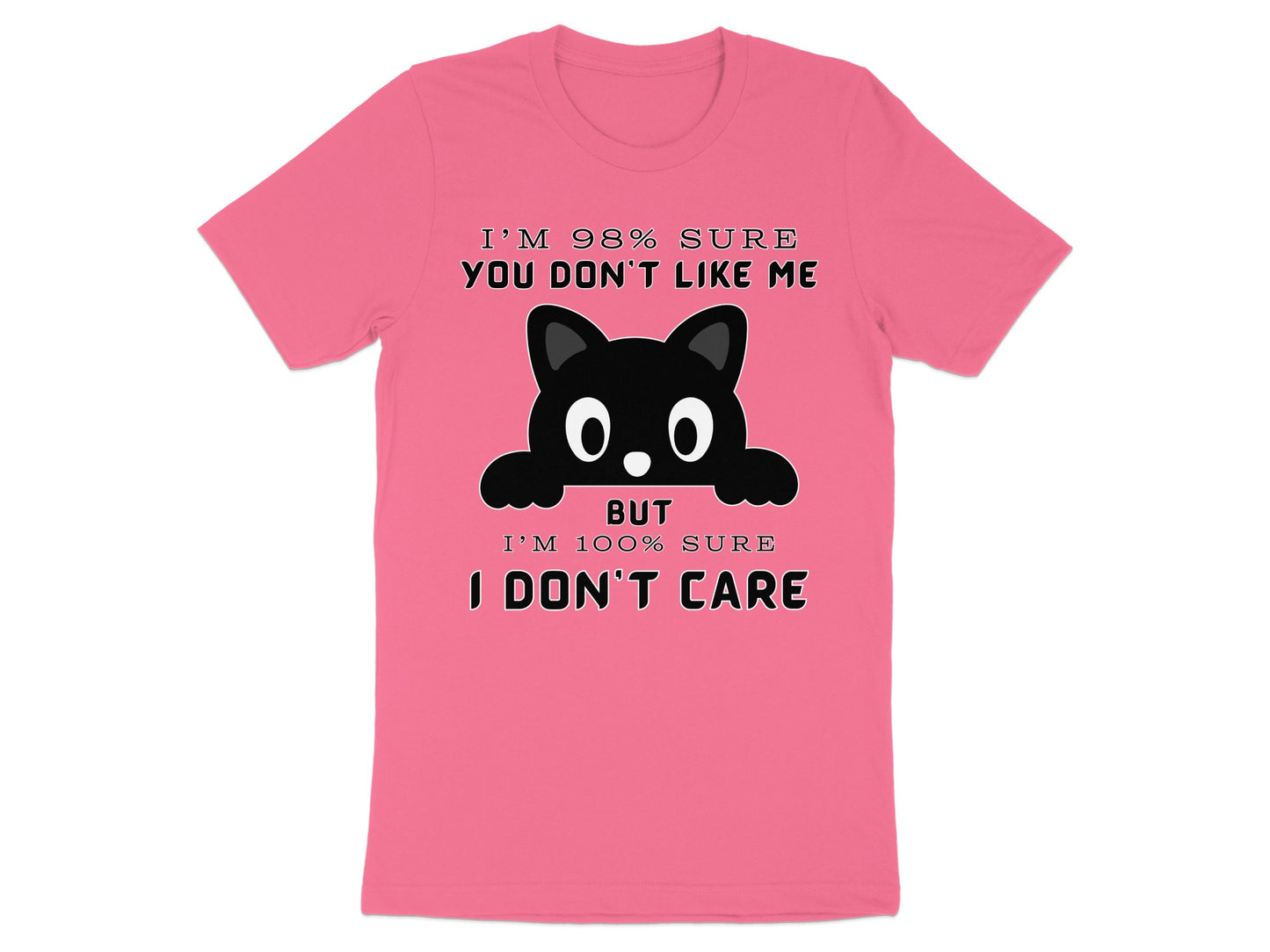 Pink t-shirt with black cat graphic and text.