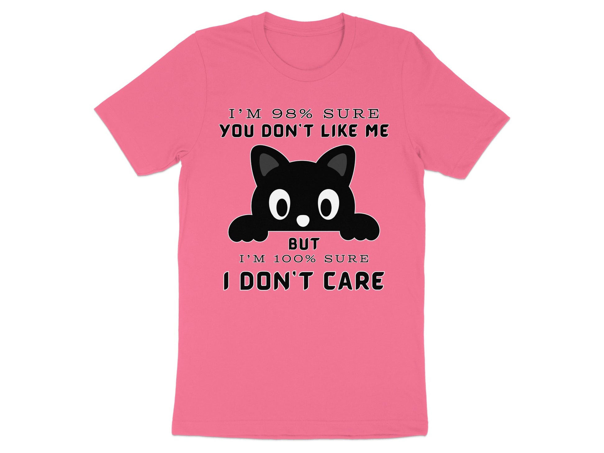 Pink t-shirt with black cat graphic and text.