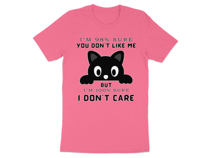 Pink t-shirt with black cat graphic and text.