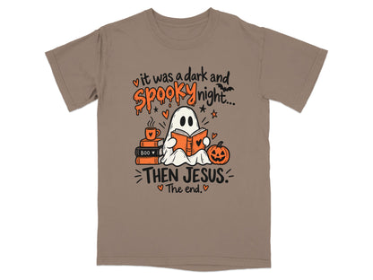 Ghost reading a book with "Then Jesus. The end." text.