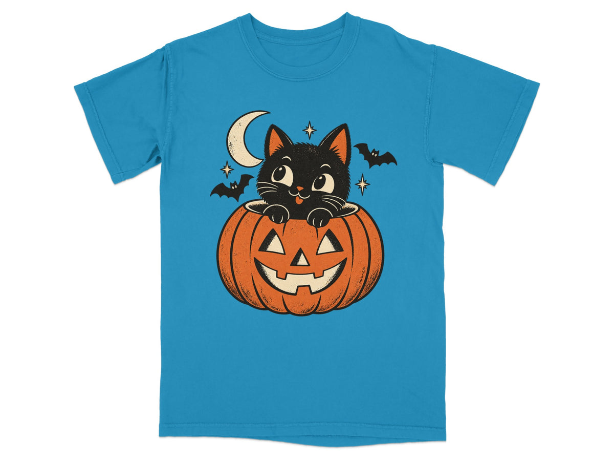 Black cat peeking out of a jack-o'-lantern with moon and bats.