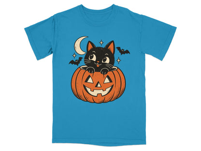Black cat peeking out of a jack-o'-lantern with moon and bats.
