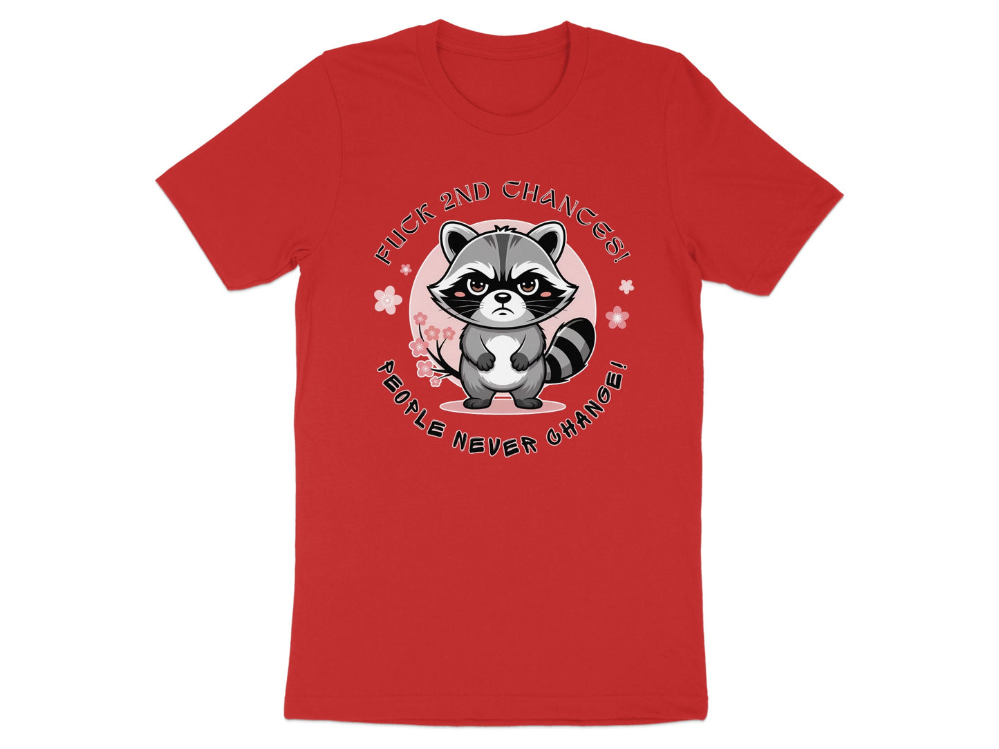 Red t-shirt with a grumpy raccoon design and text.
