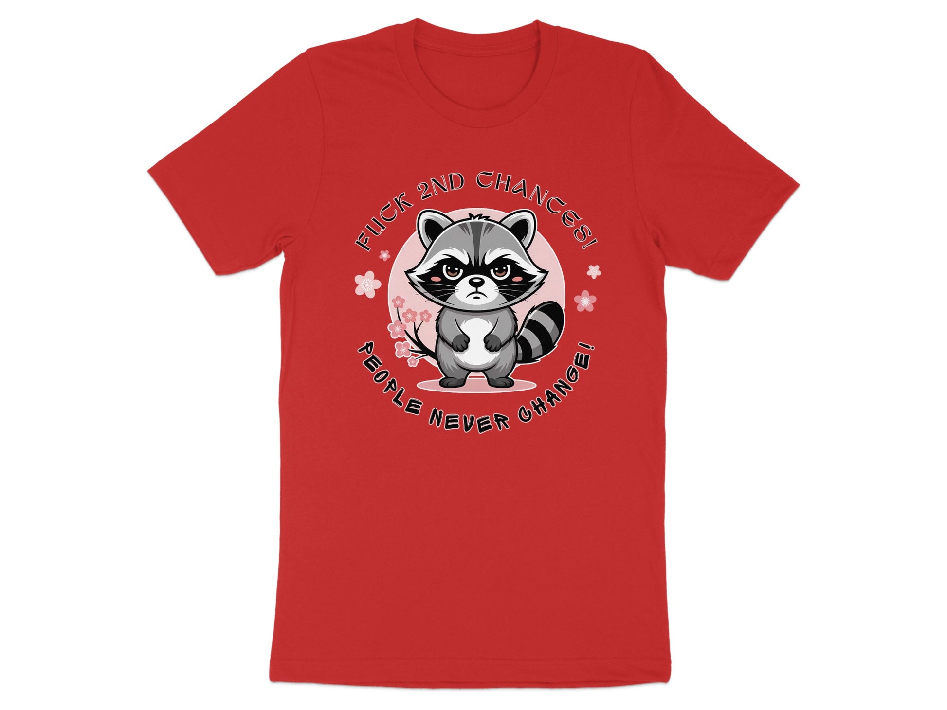 Red t-shirt with a grumpy raccoon design and text.
