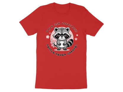 Red t-shirt with a grumpy raccoon design and text.