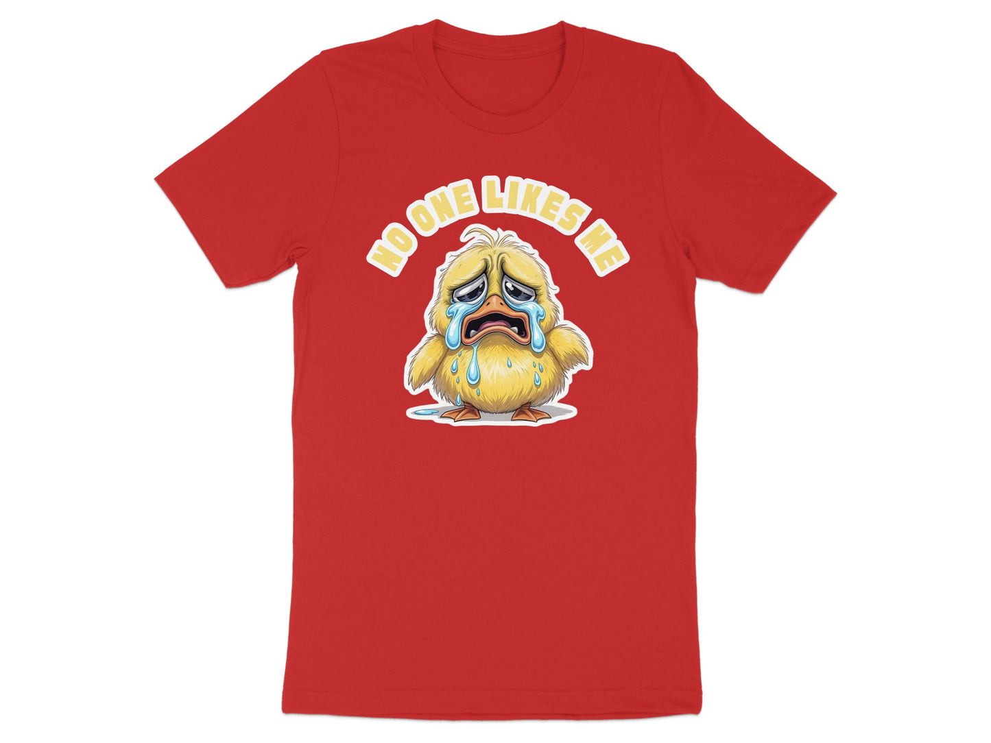 Red t-shirt with a crying cartoon duck and "No One Likes Me" text.