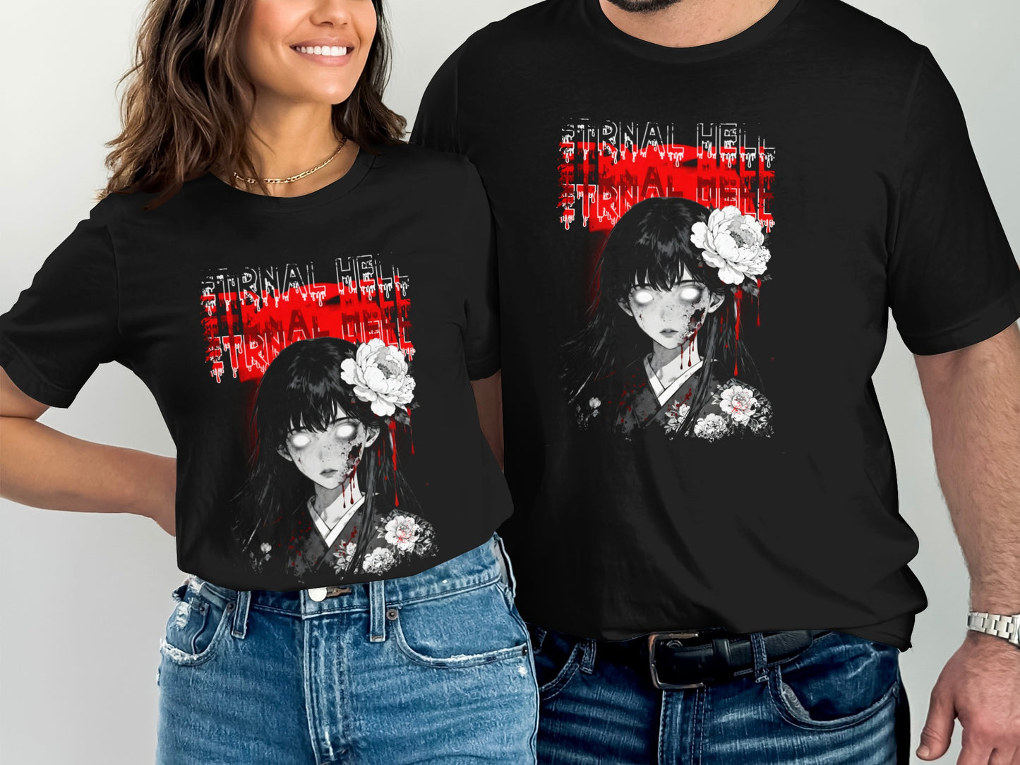 Black t-shirts with horror anime girl graphic and "Eternal Hell" text.