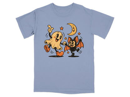 Cartoon ghost and bat dancing under a crescent moon with stars.