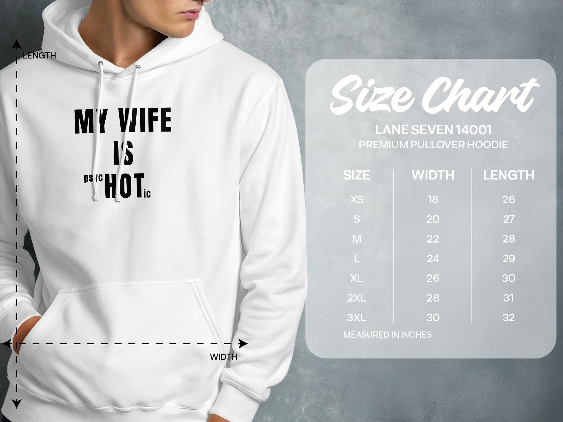 White hoodie with "My Wife Is Hot" text and size chart details.
