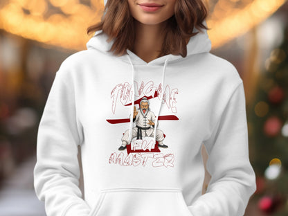 White hoodie with a Kung Fu Master illustration and red text.