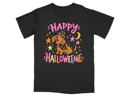 Black t-shirt with a dachshund wearing a witch hat and cape, with "Happy Halloweenie" text.