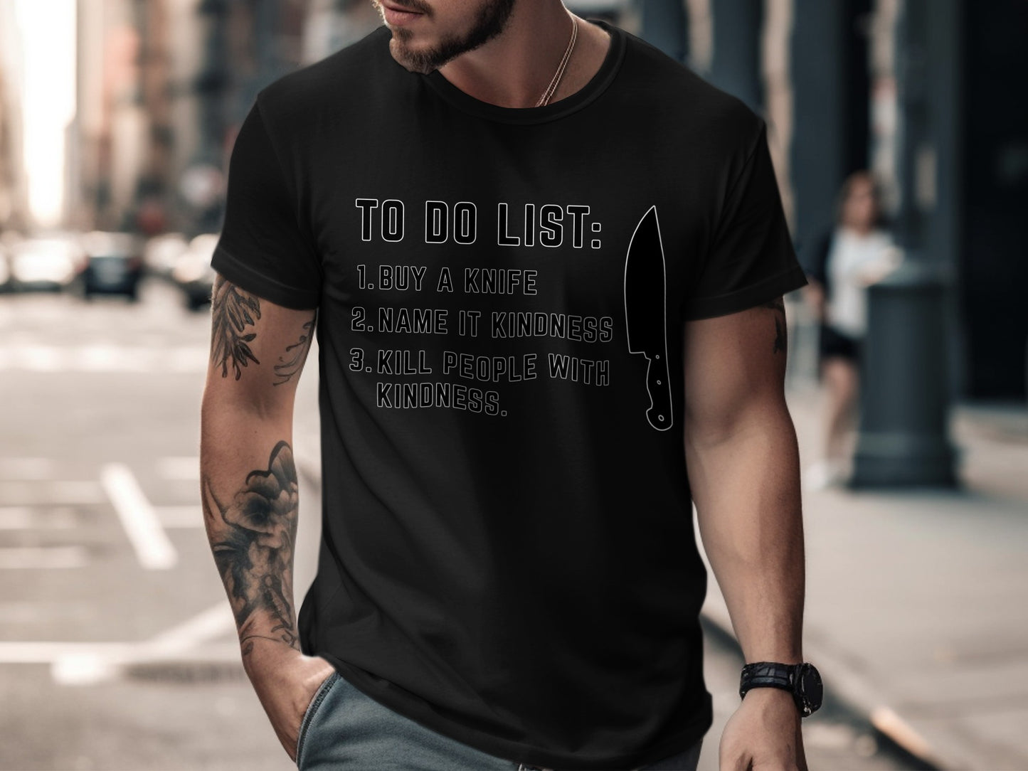 Black t-shirt with "TO DO LIST" and a knife illustration with ironic text.