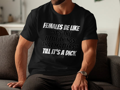 Black t-shirt with text "Females Be Like 'It's the Little Things That Matters' Till It's a Dick".